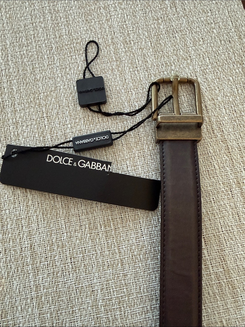 Dolce & Gabbana Dark Brown/grey  Leather Men’s Belt with Antiqued Brass Buckle